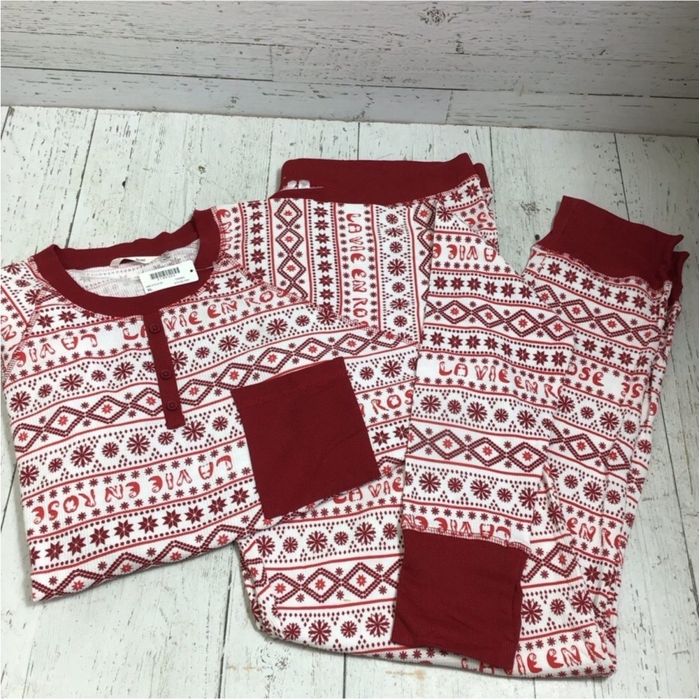 La Vie En Rose Winter Print Waffle Thermal Knit PJ Set Pajamas Holiday Size XL​